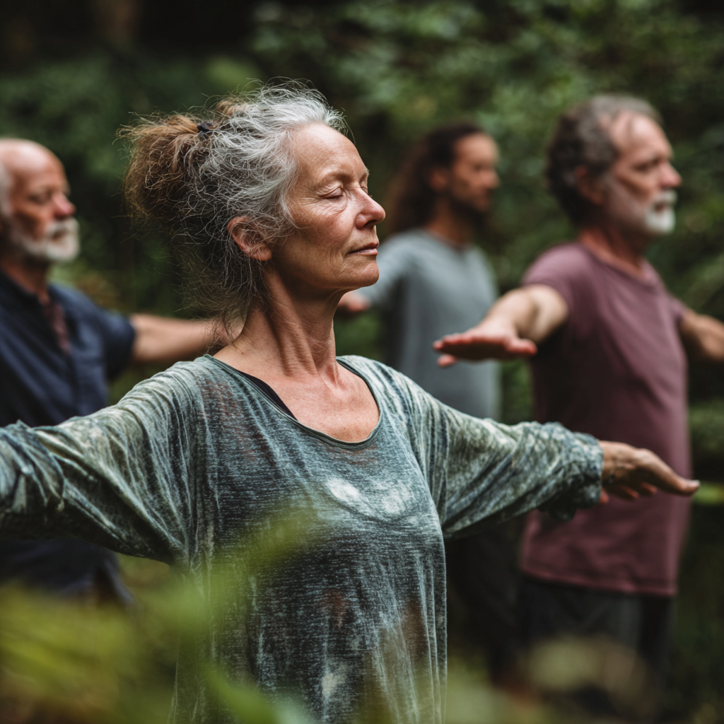middle-aged adults practicing mindful movement exercises in natural outdoor setting