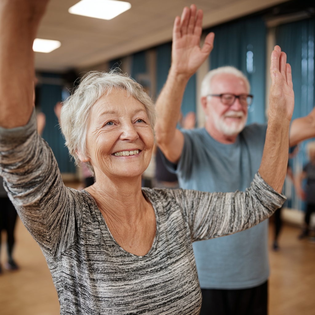 older adults enjoying gentle fitness activities together in comfortable indoor environment